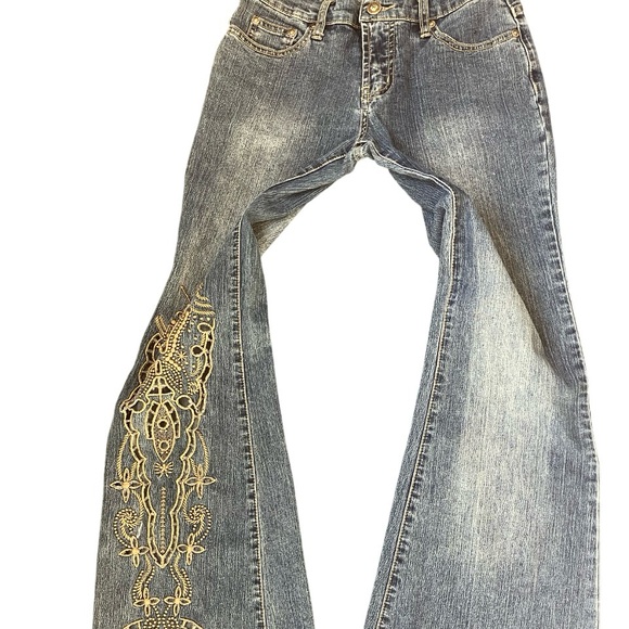 Younique Jeans Juniors 1 Blue Low Rise Flare Leg Butterfly Stretch Y2K - Picture 5 of 14